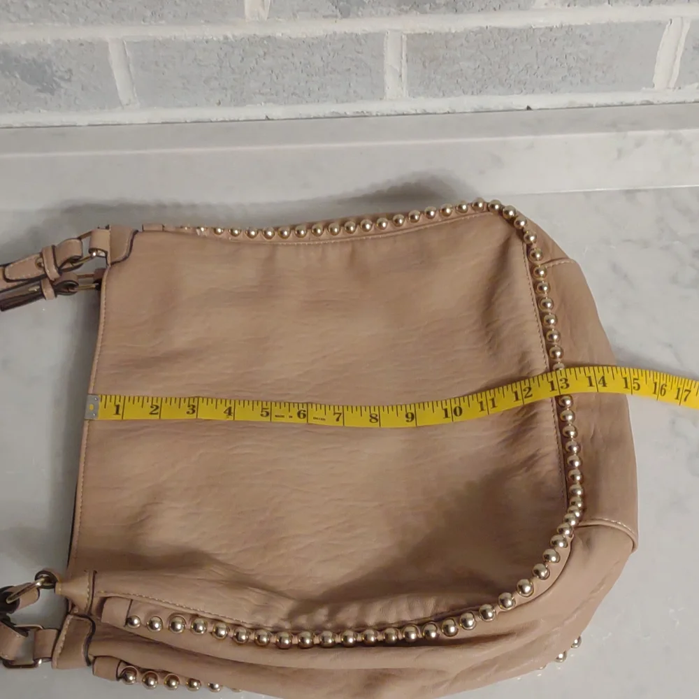 Jessica Simpson Women's Cream Faux Leather Camille Hobo Bag Tote with Gold Beads